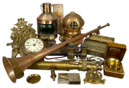 ASSORTED METALWARE, including cast brass ink stand and stamp holder, telescope, brass compass,