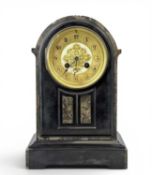 BLACK SLATE & MARBLE MANTEL CLOCK, late 19th century, with arched top, gilded dial with Arabic