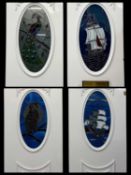 MODERN DECORATIVE GLASS DOOR PANELS (appear to be 'as new'), peacock and ship, 178 (h) x 66 (w) x