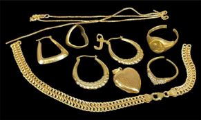 9CT GOLD JEWELLERY (including scrap), pair of hollow hoop earrings, wishbone ring, locket, fine