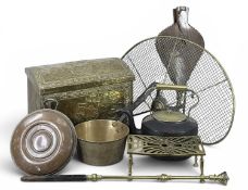 VARIOUS BRASSWARE, 19th century and later, including saucepan with steel handle, fire screen, dome-