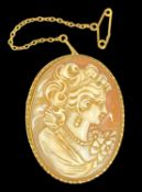 OVAL CAMEO PORTRAIT BROOCH, in 9ct gold mount, with safety chain, 42 x 32mms, 6g gross Provenance: