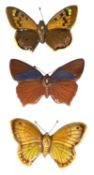THREE BESWICK BUTTERFLIES, Small Copper model 1493, Purple Hair Streak model 1494 and Small Heath