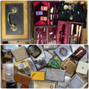 VINTAGE COLLECTABLES, including cigarette cases, three leather-cased sewing sets, hat pins etc.