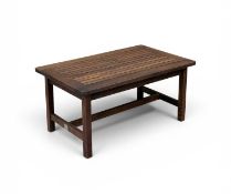 HARDWOOD SLATTED COFFEE TABLE, with plaque 'Made by The Hughes Bolckow Shipbreaking Company Ltd.,
