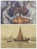 AFTER PAUL CEZANNE pastel - 'The Card Player', unsigned, 38 x 48cms, and A. HIDAYET watercolour -