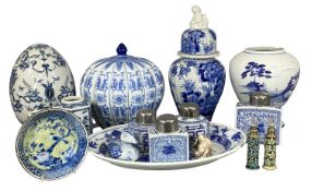 VARIOUS BLUE & WHITE CERAMICS, including Chinese baluster form vase with Fu dog finial, 36cms (h);