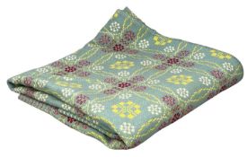 TRADITIONAL WELSH WOOLLEN BLANKET, light blue ground with yellow, red and white geometric
