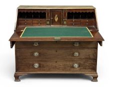 FINE GEORGIAN MAHOGANY BUREAU, drop-down front with fitted interior, over two short and three long