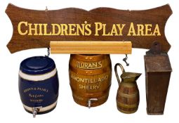 COOPERED OAK & BRASS ALE JUG, 27cms (h); coopered wooden half sherry cask, 36cms (h); ceramic