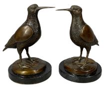 PAIR OF CAST BRONZE FIGURES OF SNIPE, on circular marble bases, 21cms (h) Provenance: private