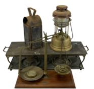 VARIOUS METALWARE 19th century and later, including Millward brass scales and weights on mahogany