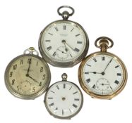 POCKET / FOB WATCHES, gold-plated keyless open face, silver key-wind open face, and two others