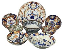 ORIENTAL CERAMICS, including Imari circular charger and four various bowls, Chinese famille rose