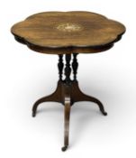 ELEGANT ROSEWOOD TEA TABLE, with shaped and inlaid top, on tripod supports, 69 (h) x 69cms (diam.)