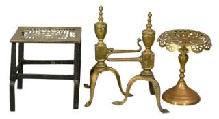 19TH CENTURY METALWARE, to include a brass and steel trivet with pierced top, 26cms (h); pair of