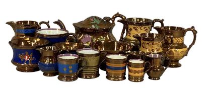 VARIOUS COPPER LUSTRE CERAMICS including mugs, bowls, teapot and cover, jugs etc. Provenance: