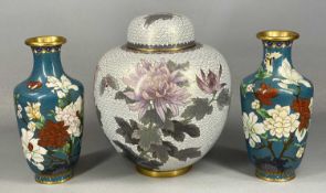 LARGE CHINESE CLOISONNÉ GINGER JAR & COVER, decorated with chrysanthemums in pink and blue, 25cms (