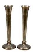 PAIR OF ELIZABETH II SILVER POSY VASES, circular loaded bases, S.J. Rose & Son, Birmingham 1990,