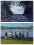 ‡ STEVEN JONES (Welsh, 1959-2017) pastel - titled lower left 'Y Felinheli figures seated outside