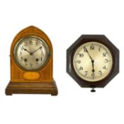 TWO CLOCKS, Edwardian inlaid mahogany mantel clock, circular silvered dial, 8-day movement
