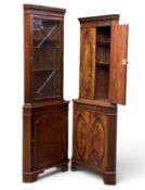 TWO FLOOR-STANDING CORNER CUPBOARDS, fine mahogany example with dentil cornice and centre slider,