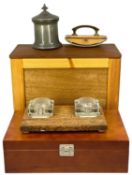 COLLECTABLES GROUP including an Edwardian oak desk stand with twin moulded glass inkwells and