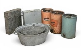 VINTAGE METALWARE, to include three Aladdin paraffin drums, 44 (h) x 28cms (diam.); two galvanized