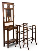 EDWARDIAN OAK HALL STAND, with central mirror, hooks and drip trays, 182 (h) x 61 (w) x 28cms (d);