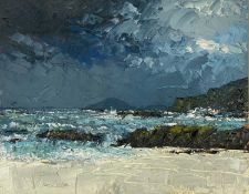 ‡ DAVID T. WILLIAMS (Welsh Contemporary) oil on board - north Wales coastal scene with stormy sky,