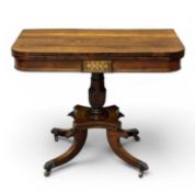REGENCY ROSEWOOD FOLD-OVER GAMES TABLE, with inlay detail, quartetto base with brass castors, 70 (h)