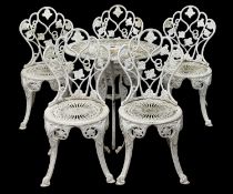 WHITE-PAINTED METAL GARDEN FURNITURE, to include five chairs and a circular table, 65 (h) x 68cms (