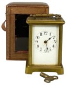 GILT BRASS FOUR-GLASS CARRIAGE CLOCK, early 20th century, white enamel dial with Arabic numerals,