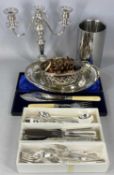 PLATED WARE, including a boxed cutlery set, candelabra, swing-handled dish, cased pair of fish