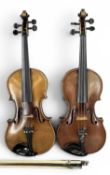 TWO VINTAGE VIOLINS, each with 37cms two-piece backs, total of three bows, both in hard travel