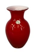 JAPANESE MID-CENTURY KAMEI GLASS VASE, of baluster form, red overlaid opaque white, with original