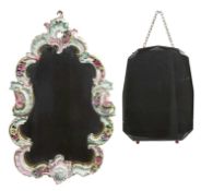ORNATE ROCOCO FORM PORCELAIN-FRAMED WALL MIRROR, floral encrusted, 60 x 38cms; and a frameless