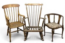THREE VINTAGE CHAIRS, to include a stick-back elbow chair, similar type rocker, and a corner chair