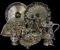 ASSORTED PLATED WARE, including two circular trays, egg cruet, breakfast set, plated teapot and