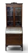 MID-CENTURY MAHOGANY BUREAU BOOKCASE, top with a pair of glazed doors, drop-down fitted central