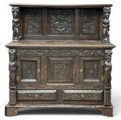 19TH CENTURY OAK HEAVILY CARVED FLEMISH SERVER / SIDEBOARD, 139 (h) x 134 (w) x 58cms (d)