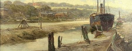 BRITISH SCHOOL large oil on board - industrial estuary with steamboat and factories, unsigned, 25