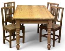 FARMHOUSE PINE KITCHEN / DINING TABLE, on turned supports, 77 (h) x 183 (w) x 90cms (d); and a set