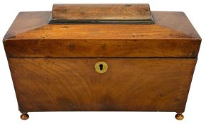 19TH CENTURY MAHOGANY SARCOPHAGUS FORM TEA CADDY, with brass escutcheon, on turned feet, 18 (h) x 30