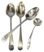 THREE GEORGE III SILVER TABLESPOONS, Peter & Ann Bateman, London 1798, 22cms (l); and a white