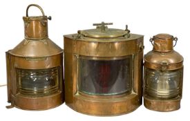 THREE 19TH CENTURY COPPER SHIP'S LAMPS, including Bow Port pattern 23, 42cms (h) Provenance: private