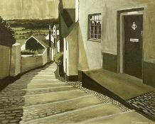 ‡ ALEX CAMPBELL (Welsh, b. 1936) oil on board - cobbled path leading down through a village,