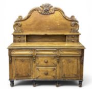 STAINED PINE CHIFFONIER SIDEBOARD, with decorative back, multiple drawers and cupboard doors, 167 (
