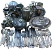 METALWARE, including an oval plated entrée dish and cover, various pewter measures, two circular