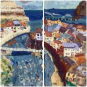 ‡ SUE WARBURTON (British, 20th century) pair of mixed media - coastal villages, signed lower